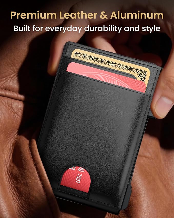 Wallet for Men Card Holder: Pop Up Card Case, Genuine Leather, Smart, RFID Blocking, Slim, Minimalist, Thin, Front Pocket - 12 Card Capacity, ID Window, Money Clip (Black) - Image 7