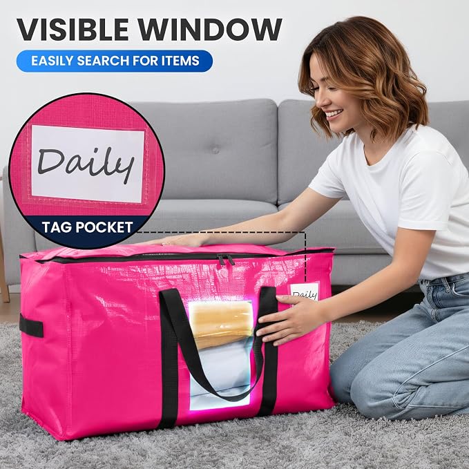 TAILI 10 Pack Pink Extra Large Moving Bags,Storage Bags with Visible Window | 93L Heavy Duty Totes For Home Storage,Wrap Around Handles,Alternative to Moving Boxes, College Dorm,Perfect for Moving - Image 5