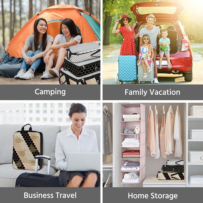 7 Pcs Compression Packing Cubes for Travel, Waterproof Suitcase Luggage Backpack Organizer with Toiletry Bag Travel Essentials for Women/Men-Bees - Image 7