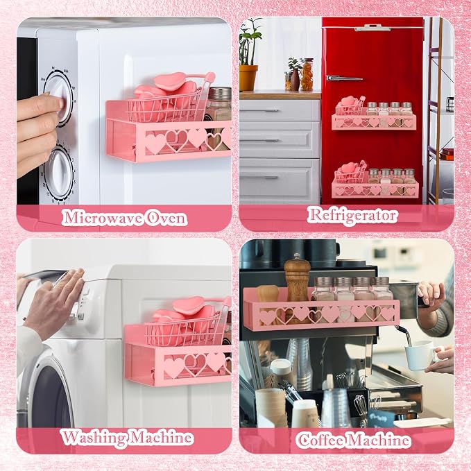 Beeveer 2 Pcs Magnetic Spice Rack for Refrigerator, Pink Heart | Magnetic, No Drilling, Pink Heart Kitchen Decor, Aesthetic Home Accessories, 2 Sizes Metal Storage Shelf for Fridge Spices - Image 5