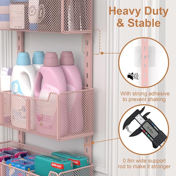 VyGrow Over The Door Organizer, Metal Door Organizer Hanging with 5 Adjustable Baskets and Coat Hook, Behind The Door Storage for Bedroom Closet Bathroom Pantry Cabinet Kitchen, Pink - Image 7