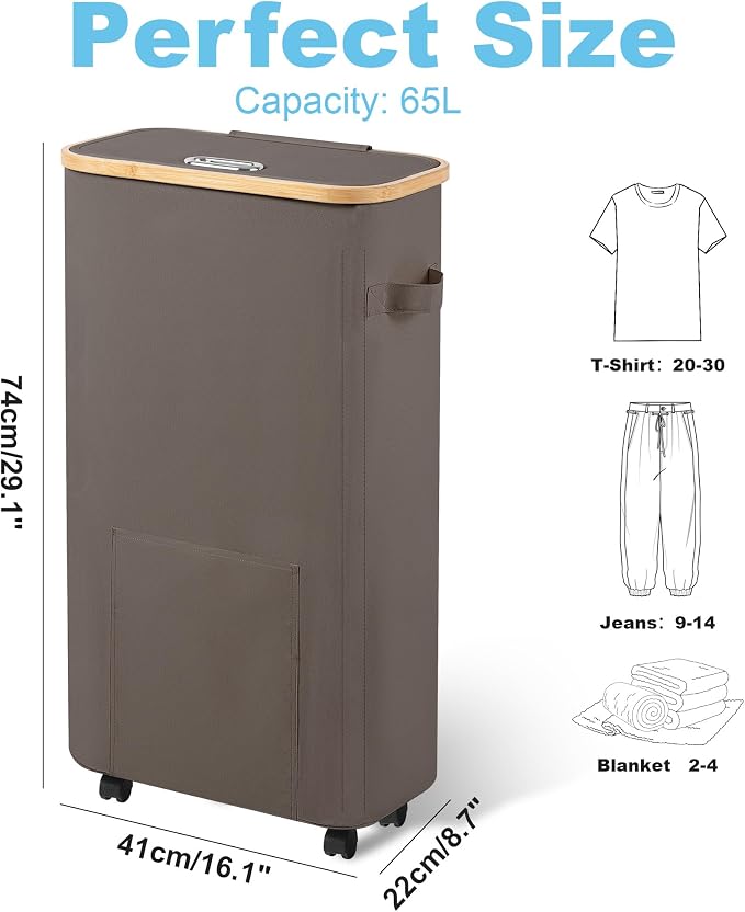 Vincona Laundry Basket with Wheels, Tall Dirty Clothes Hamper on Wheels, Rolling Laundry Hamper with lid for Dorm, Bedroom and Bathroom - Image 2