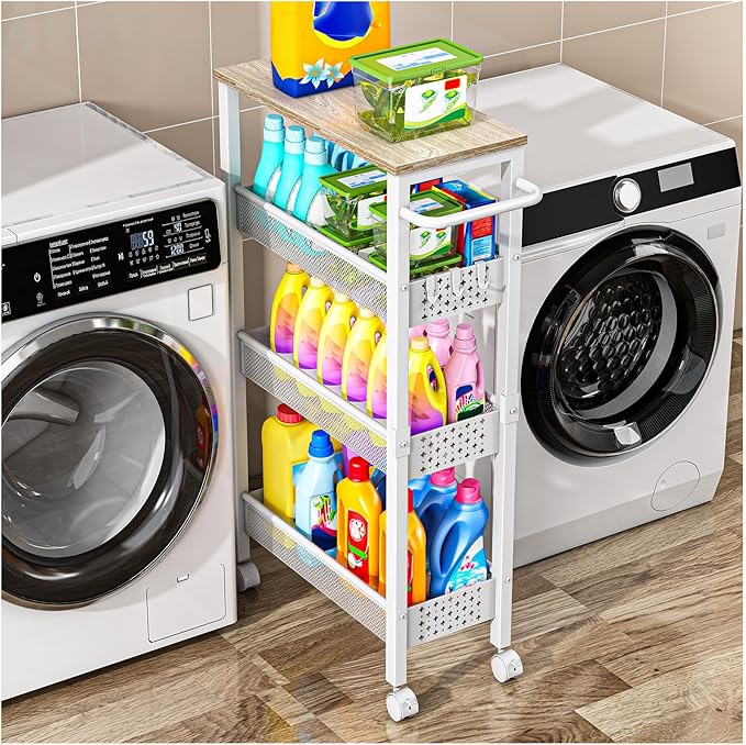 Vivihomety 4-Tier Laundry Utility Rolling Storage Cart with Wheels, Metal | Narrow 8.1" wide, lockable wheels, wood top panel, metal frame, for laundry room, small spaces, pantry, tight gaps, White by EndlessStorage
