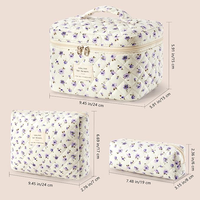 HBselect Quilted Makeup Bag, 3Pcs Cotton Large Travel Makeup Bags Organizer | Cute Floral Make up Bag Cosmetic Bag Toiletry Bag for Women Girls, Makeup Pouch for Skincare, Brushes & Travel Essentials - Image 6