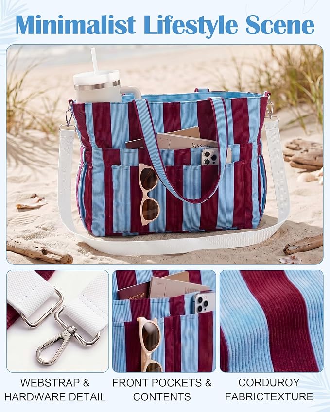 Kacctyen Striped Beach Tote Bag for Women Large Beach Foldable Tote Bag with Zipper Pockets for Travel Pool - Image 5