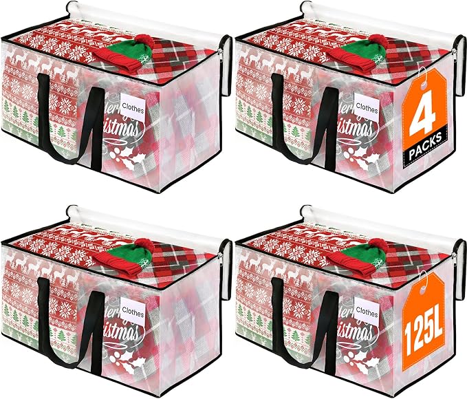 RoomHacks Moving Bags, Heavy Duty Large Storage Bags, 125L, 4 Pack, Clear | Water-Resistant Packing Bags with Reinforced Handles & Dual Zippers, Foldable Storage Totes for Dorm Move & Home Organization by RoomHacks