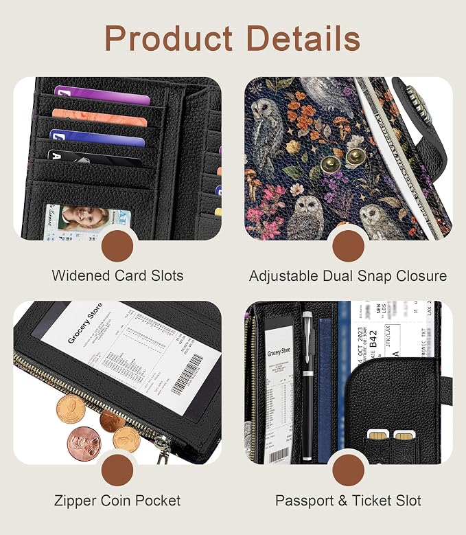 Owl Wallet Women RFID Bifold, Passport Holder, Credit Card Holder | 6.7" x 4.4" x 1.3" Bifold, Travel billfold, Zipper Pocket, PU Leather Clutch, Purse, ID Window, Pen Holder, Gift Ladies Girl - Image 6