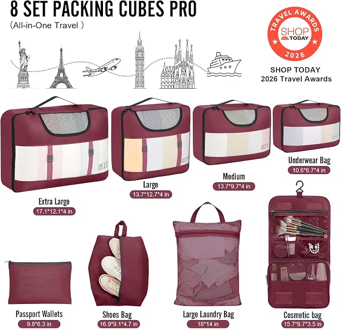 Veken 8 Set Packing Cubes for Travel Essentials,Anti-Wrinkle Buckled Suitcase Organizer for Shoe & Toiletry Bag,Carry On Luggage Bag with 99+ Count Mesh Holes for Airplane & College Dorm Accessories - Image 2