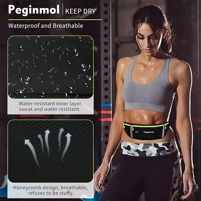 Slim Running Belt Fanny Pack, Waist Pack Bag for Women Men, Running Pouch for Phone Waterproof Reflective with 3 Pouches, Running Phone Holder for Sports, Traveling (Black + Green) - Image 6