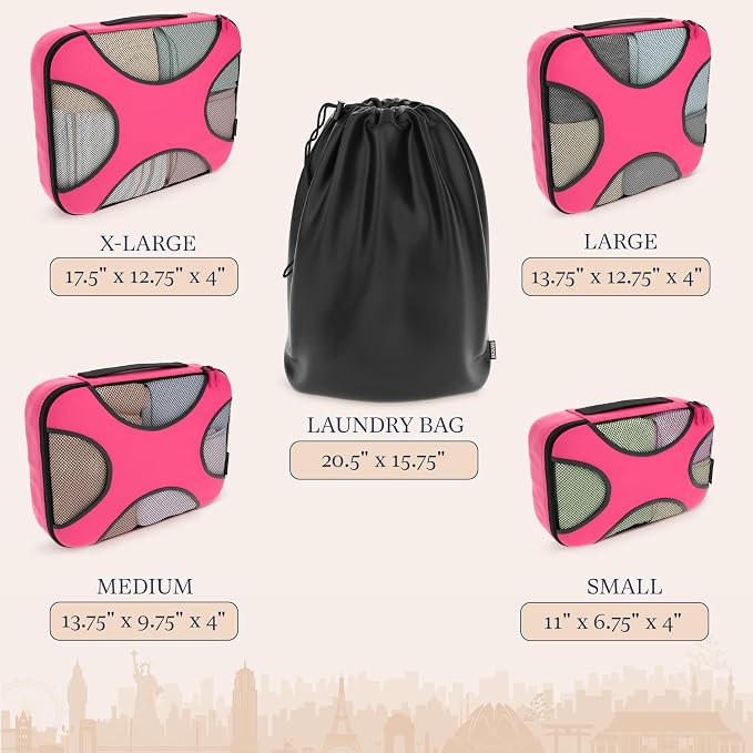 Shacke 5 Set Packing Cubes for Travel with Laundry Bag (Precious Pink) | Suitcase Organizer Bags Set: 4 Water-Resistant Luggage Cubes, XL to Small, + Laundry Bag for Carry-On or Checked - Image 4