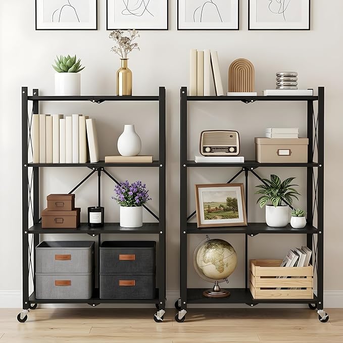 COKIHOM 4 Tier Foldable Storage Shelf, Large Capacity Metal Shelf Rack, Rolling Bookshelf with Wheels, Wire Shelf Organizer for Kitchen, Pantry, Office, Garage, Basement, Black - Image 2