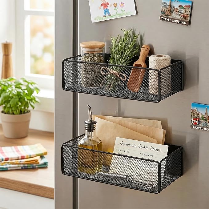 2 Pcs Magnetic Basket For Fridge | Kitchen Magnetic Storage Bin Box Containers Locker Organizer for Pegboard Refrigerator Kitchen Home Whiteboard(Black) - Image 7