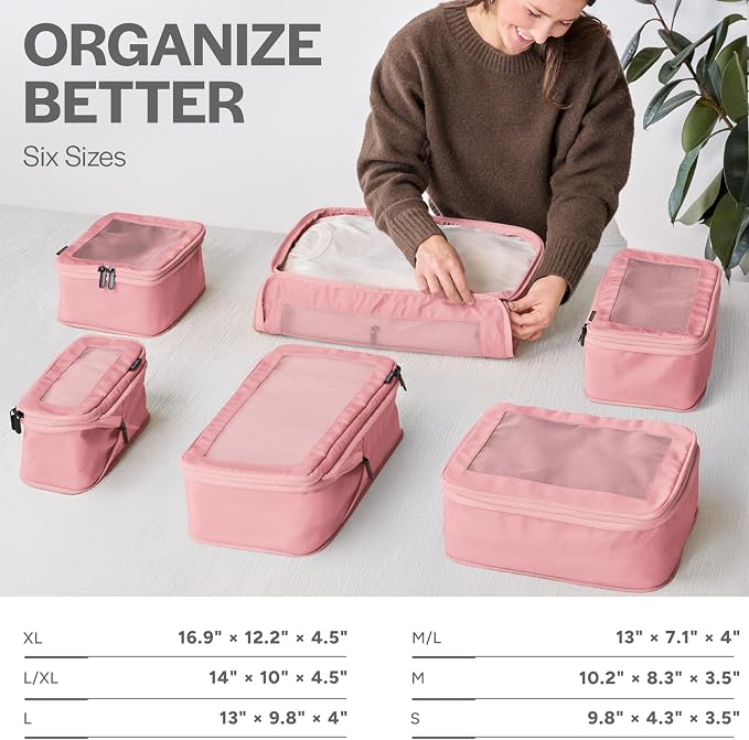 Compression Packing Cubes for Travel, 6-Pack, Pink | Solves overpacking, 6-Piece set fits most suitcases, 50% Space savings, Compression luggage organizer bags - Image 3
