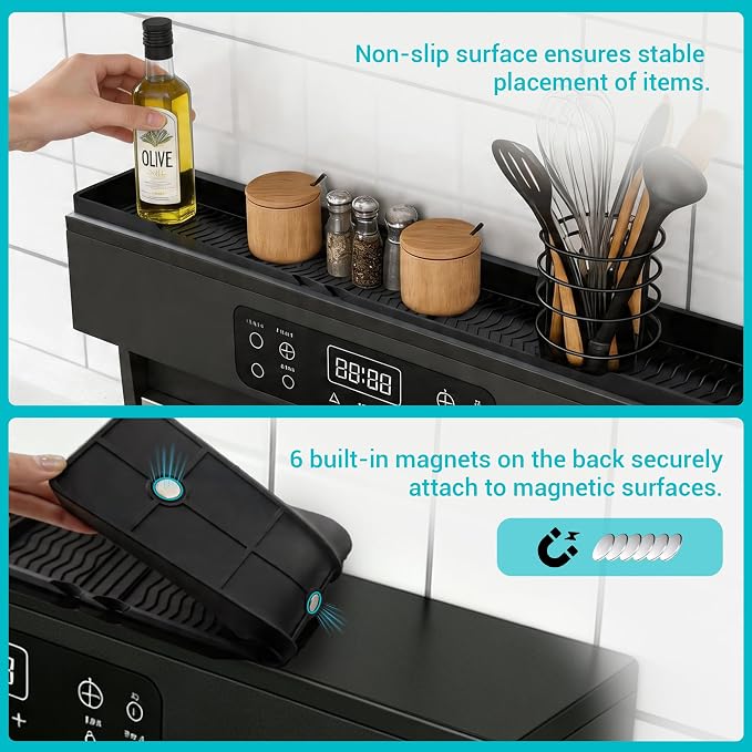Silicone Over The Stove Shelf, 30 Inch Magnetic Stove Top Organizer - No Drill Space Saving Storage Rack for Spices & Kitchen Utensils, Perfect for Small Kitchen & Apartments （Black） - Image 2