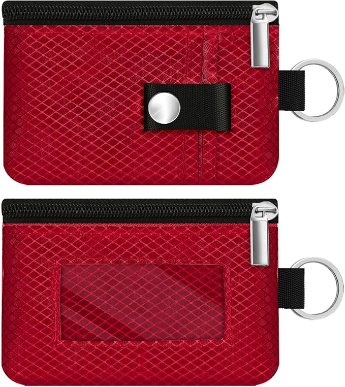 Minimalist RFID Blocking Small Wallet with ID Window,WaterResistant Zip Id Case Wallet with Lanyard Keychain for Cards,Cash,Travel,Women,Men (Red) by CCUMI