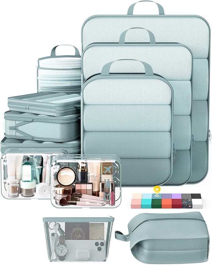 Veken 11 Set Compression Packing Cubes Garment Bags for Travel Essentials,Compressible Expandable Luggage Organizer Bags for Clothing,Space Saver Bags with Over 1000 pcs of Mesh Holes(Blue Gray) by Veken