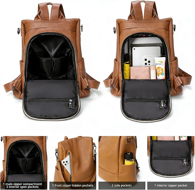 Fashion Backpack Purse For Women Anti-theft Rucksack Pu Leather Lightweight Water-resistant Shoulder Bag, Brown - Image 3