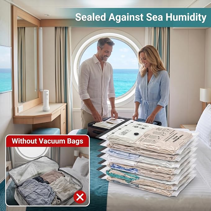 Vacuum Seal Bags for Clothing: Stay Sealed During Travel | Double Zip Seal One-Way Valve - 9-Pack Large Reusable Travel Vacuum Bags with Electric Pump - Strong Suction Air Out in 15s - Image 6