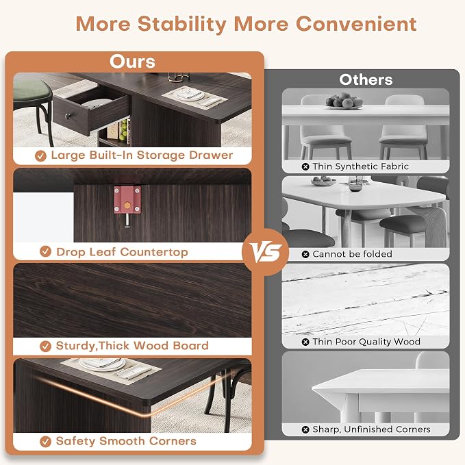Jocoevol Space Saving Folding Dining Table for 4, Foldable Dining Table with Drawer and Storage Shelf, 6 Wheels Drop Leaf Kitchen Dining Room Table for Small Space (Walnut, 47.2" x 23.6" x 29.9") - Image 6