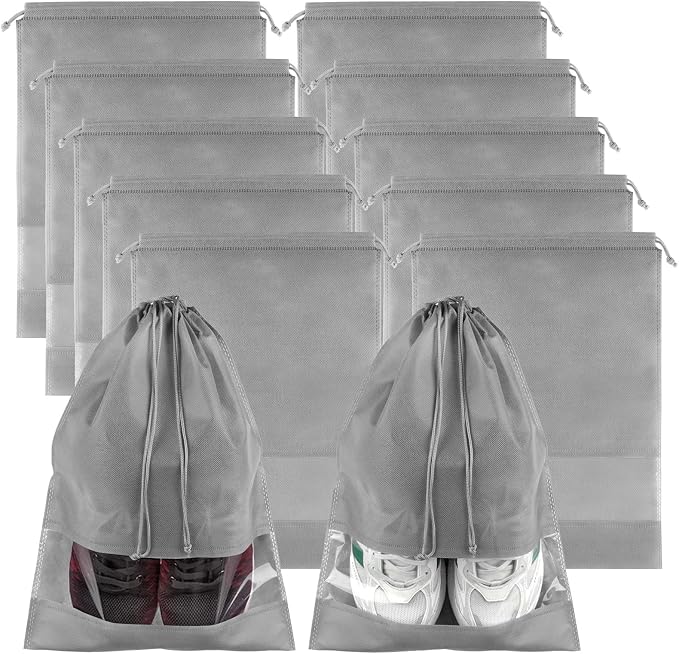 Grey Travel Shoe Bags - 10 Pcs Non-Woven Packing Bags with Clear Window | 15.7" x 11.8" Waterproof Dustproof Portable Travel Shoe Storage Bag for Men and Women by COIDEA