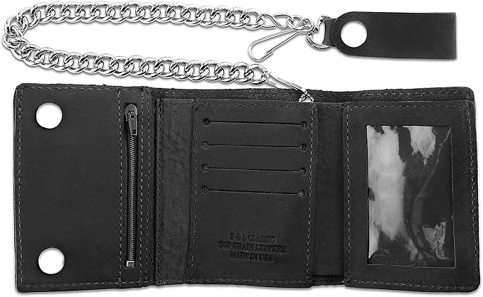 RFID Blocking Men's Tri-fold Vintage Biker Cowhide Leather Steel Chain Wallet,Snap closure, Made In USA,tc315-solid black - Image 3