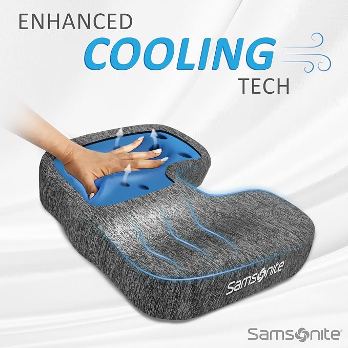 Samsonite Gel Infused Seat Cushion – Ergonomic Cushion for Office Chair, Tailbone Pressure Pad, Coccyx Support for Sciatica, Memory Foam Seat for Car, Desk, or Gaming Chair Use, Grey - Image 2