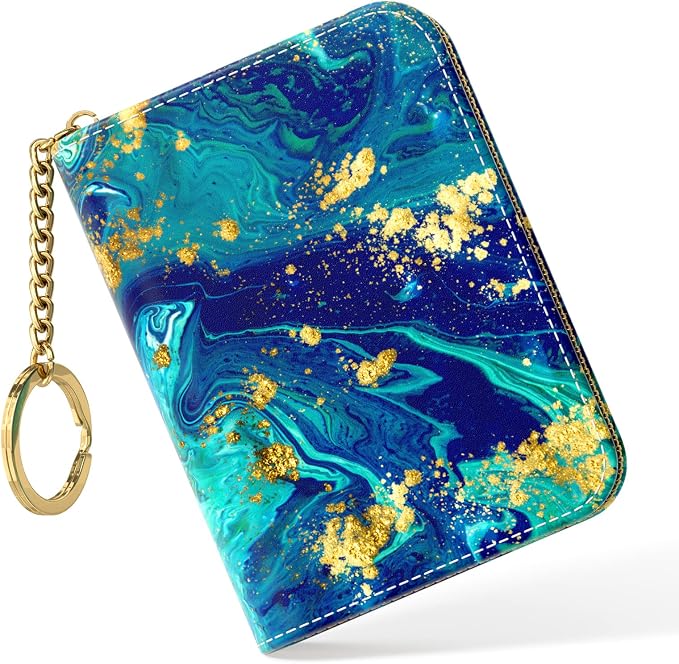 Nipichsha Women's Slim Leather RFID Wallet, Ocean Marble, 4.33 x 3.15 in | Leather Card Holder Wallet, Credit Card Wallet Organizer, Business Card Case with Zipper & Keychain, 12-Slot Compartment by Nipichsha