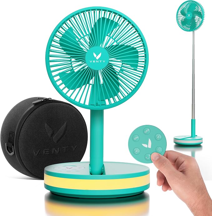 VENTY Portable Fan - Wireless Battery Operated Fan - 4 Speeds - LED Lighting - Carry Case & Remote Control - Cruise Travel - Outdoor Travel RV Power Bank With USB-C Port (Mint with Case) by VentyFan