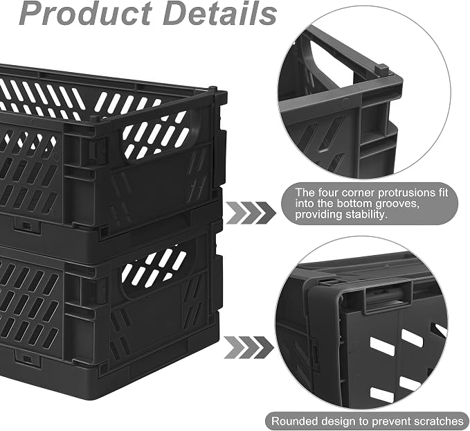 2 Pack Mini Foldable Small Plastic Baskets for Organizing and Storage，Collapsible Storage Crates,Mini Bins for Home Kitchen Bedroom Bathroom Office (Black, Extra Large 16x11x6) - Image 3