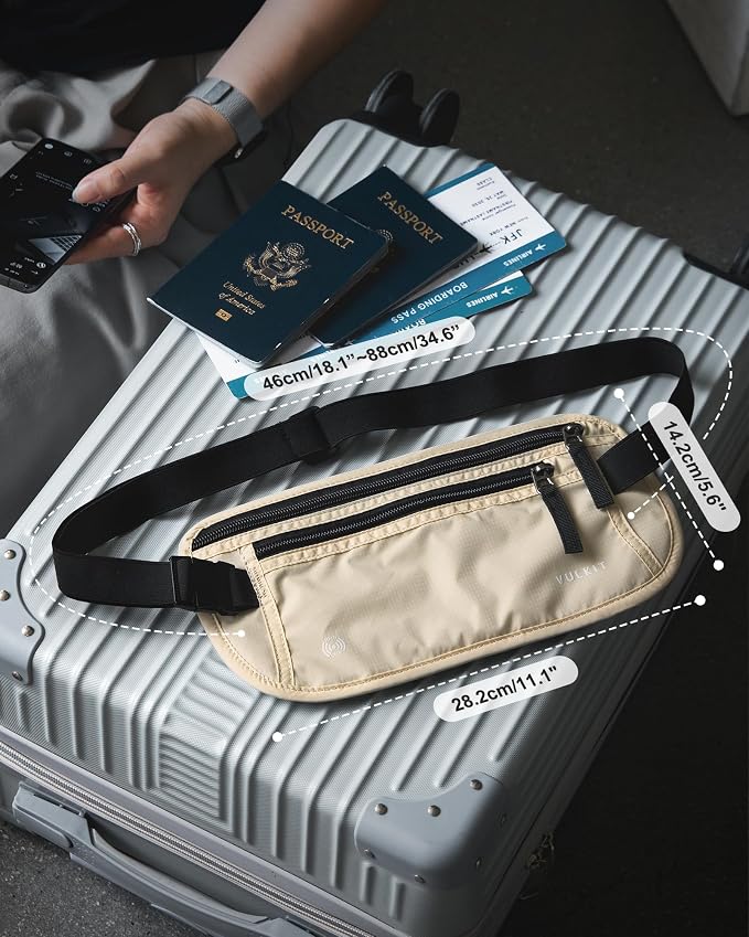 VULKIT Money Belt for Travel, Hidden Passport Holder, Anti-Theft Travel Wallet Under Clothes, RFID Blocking Waist Pouch, Undercover Fanny Pack, Cream White - Image 5