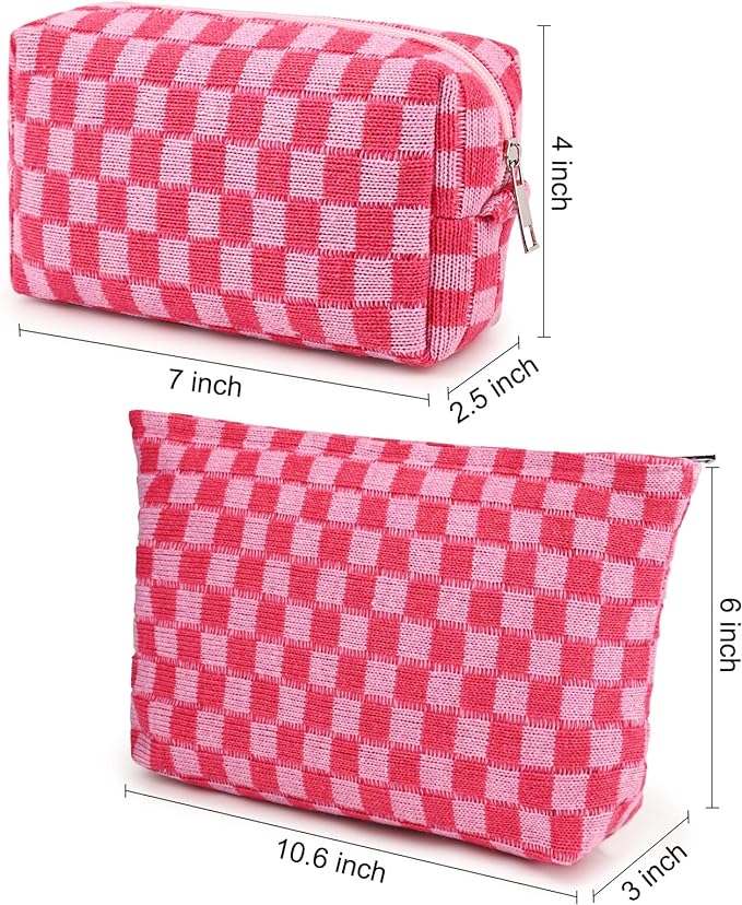 SOIDRAM 2 Pieces Makeup Bag Large Checkered Cosmetic Bag Capacity Canvas Mix Travel Toiletry Bag Organizer Cute Makeup Brushes Aesthetic Accessories Storage Bag for Women, Checkered Mix Rose Red - Image 3