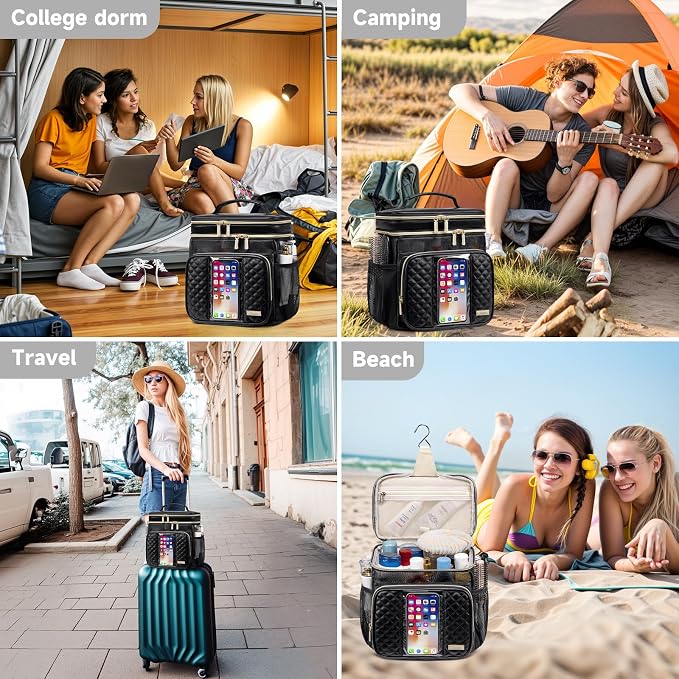 Large Leather Toiletry Bag for Women Men,Bathroom Bag,Water Resistant Shower Bag,Makeup Bag,Portable Shower Caddy for College Dorm,Hanging Travel Toiletry Bag with Transparent Waterproof Phone Pocket - Image 7