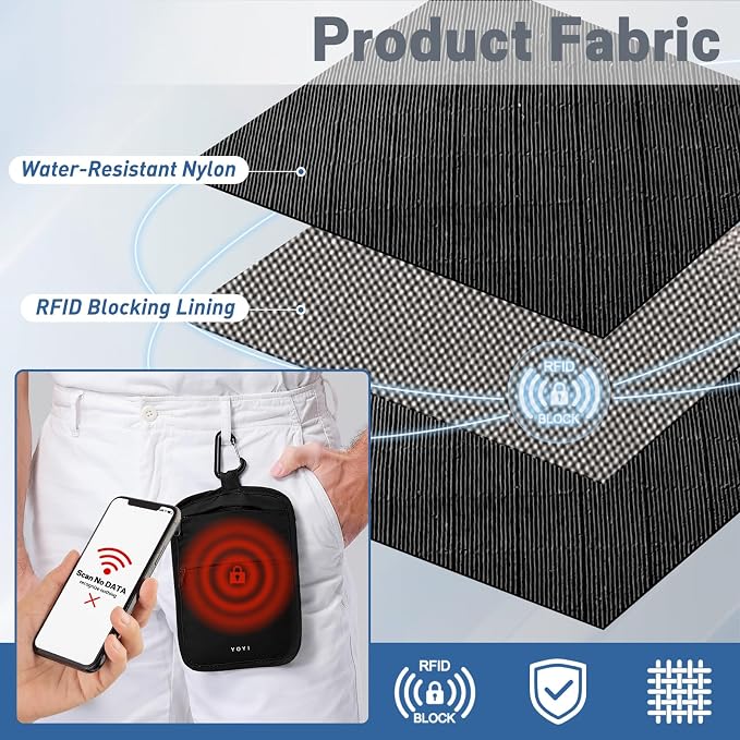Anti-Theft Belt Waist Travel Wallet Hidden Passport 3-Zone Clip Carabiner | Water-resistant fabric with RFID blocking liner, fits passport, tickets, cards, and cash in 3 zones - Image 6