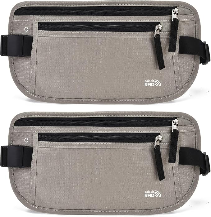 Unisex Money Belt For Men and Women, Slim Passport Holder RFID Blocking Travel Essentials Pouch with Adjustable Strap Small Waist Pouch for Workout Running Travelling Hiking, Light Grey 2 Pack by paissit