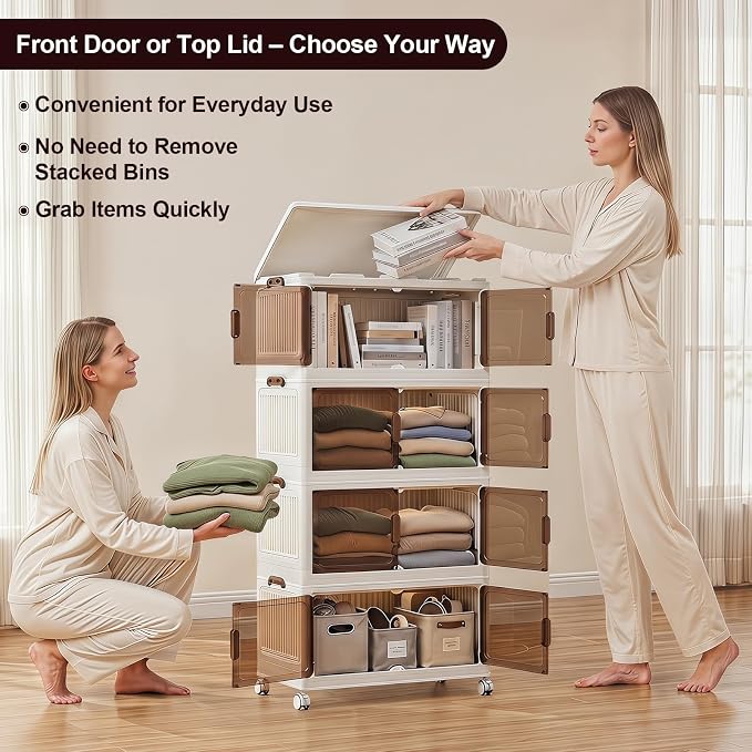 4 Tier Stackable Storage Bins with Lids, 96QT Large Capacity Storage Cabinet (24QT Per Tier), Foldable Closet Organizer with Wheels and Front Opening Doors for Clothes, Toys, Pantry, Bedroom - Image 3