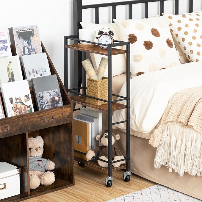 MAHANCRIS Slim Rolling Cart, Mobile Kitchen Cart on Wheels, Narrow Storage Cart for Small Space, Small Bar Cart, for Bathroom, Laundry, Living Room, Rustic Brown RCHR1501Z - Image 4