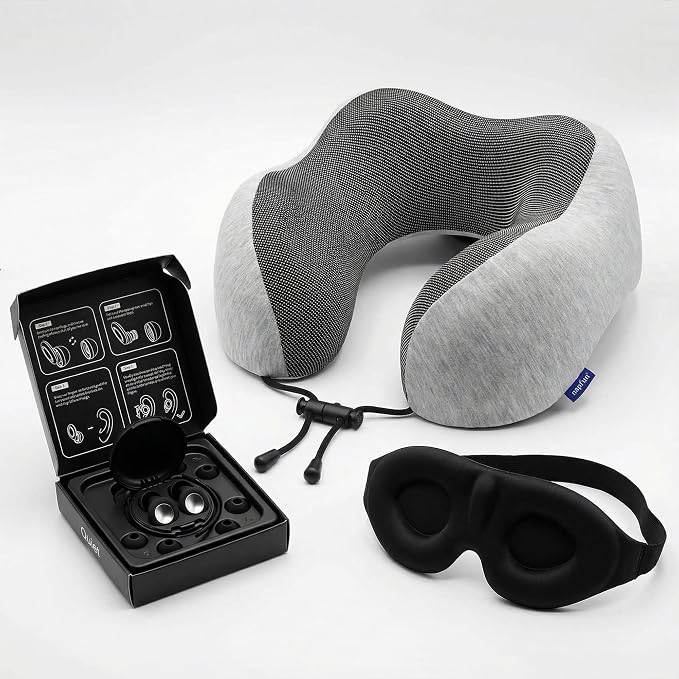 Memory Foam Travel Neck Pillow for Airplane, Adjustable Neck Pillow for Traveling with Removable Washable Cover, Ergonomic Head & Chin Support, Includes Sleep Mask, Earplugs & Travel Bag - Image 2