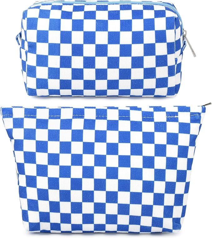 SOIDRAM 2 Pcs Checkered Makeup Bag Large Cosmetic Bag Toiletry Bag Makeup Pouch Travel Bag Organizer Cute Makeup Brushes Aesthetic Accessories Storage Bag for Women Royal Blue by SOIDRAM