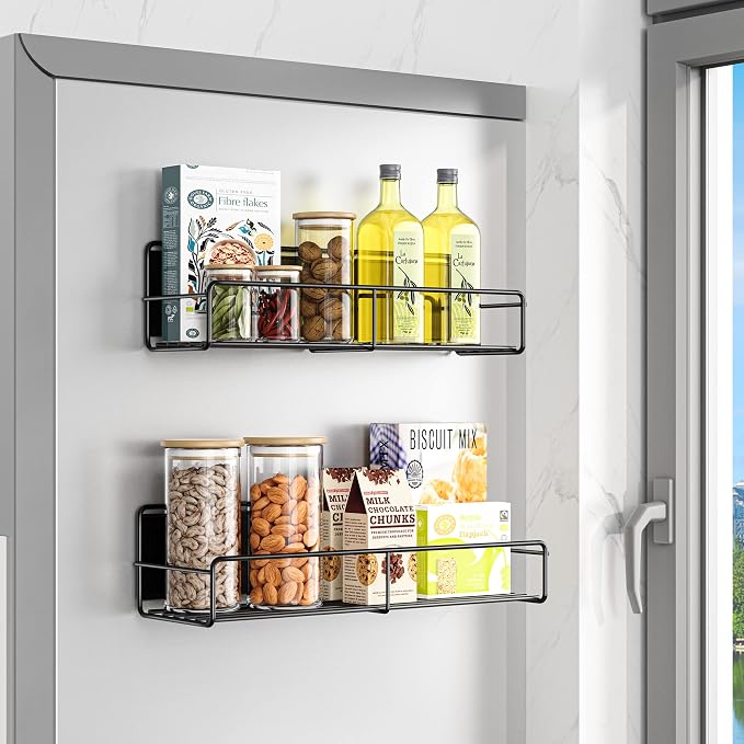 Mystozer 2 Pack Magnetic Spice Rack Organizer,Space Saver for Refrigerator and Microwave Oven, Magnetical Fridge Shelf for Jars,Seaoning,tins and Utensils (Black) by Mystozer