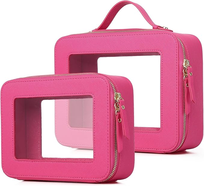 Pinkmik Clear Makeup Bag, (Fuxia, M+L) | 2PC,Waterproof, Travel Cosmetics and Toiletries Case, Portable Makeup Organizer, Clear Car Bag with Zipper by Pinkmik