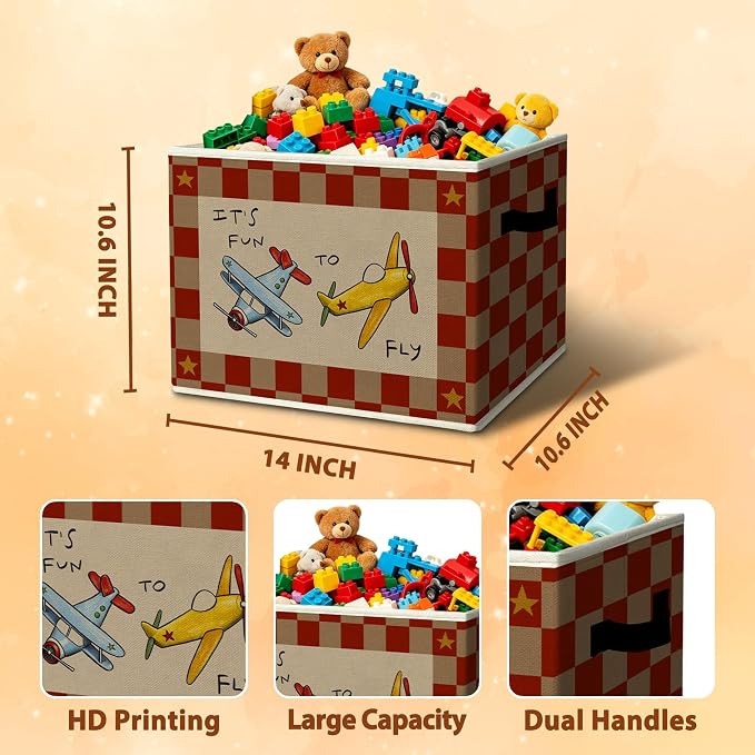 Rustic It's Fun To Fly Airplane Storage Bins Boxes with Handles | toys books clothes, red checkered nursery foldable basket for organizing bedroom toddler room playroom - Image 3