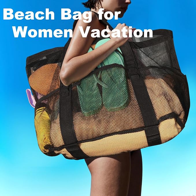 CaCTOUR Mesh Beach Bag,Large Beach Bags for Women with 8 Pockets,Packable Tote Bag for Beach Cruise Pool Vacation Essentials - Image 3
