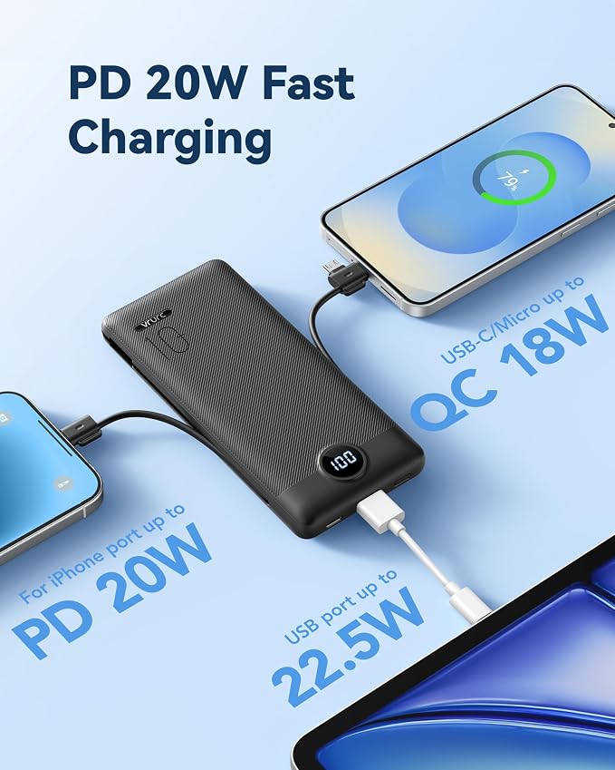 VRURC 10000mAh 22.5W Portable Charger, AC Plug & Built-in Cables,Black | Slim battery pack ,PD 20W fast charging, for business travel,compatible with iPhone & Samsung - Image 6