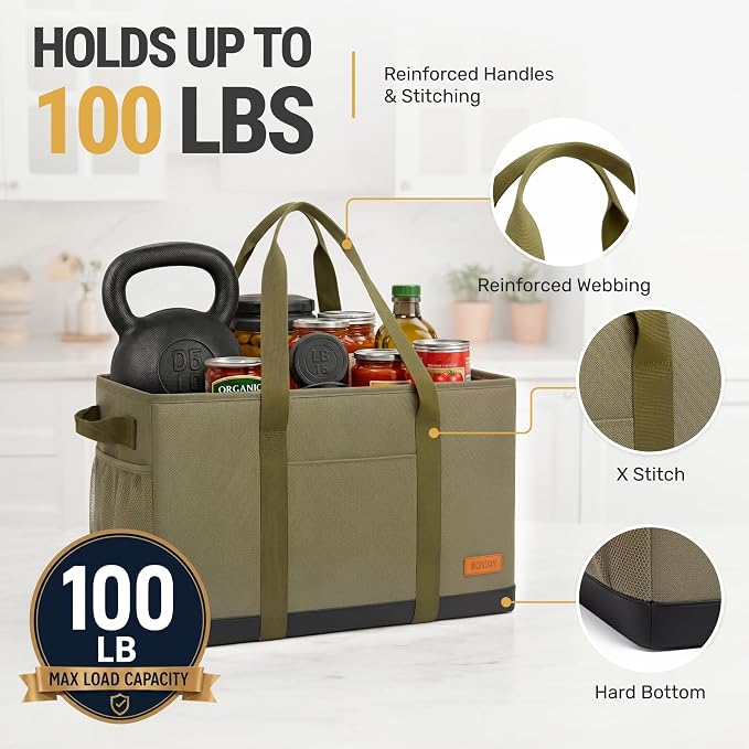 WONDAY X-Large Utility Tote Bag, Standing Reusable Grocery Bag | 22x11x13.5in, 50L capacity, holds 100lbs, collapsible, fabric with leather bottom, for beach travel storage - Image 8