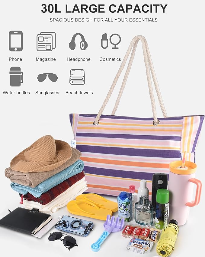 Genteen Beach Bag for Women, Large Waterproof Sandproof Beach Tote with Zipper Pocket, Solid for Travel Pool - Image 5