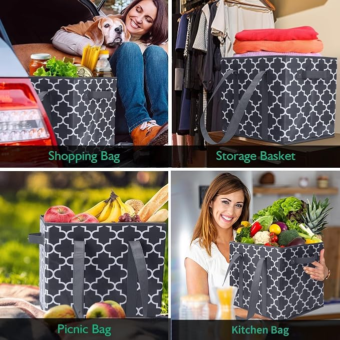 Reusable Grocery Bags 4Pack Foldable Washable Large Storage Bins, Dark Grey | Water Resistant Shopping Tote Bag Bins - Image 2