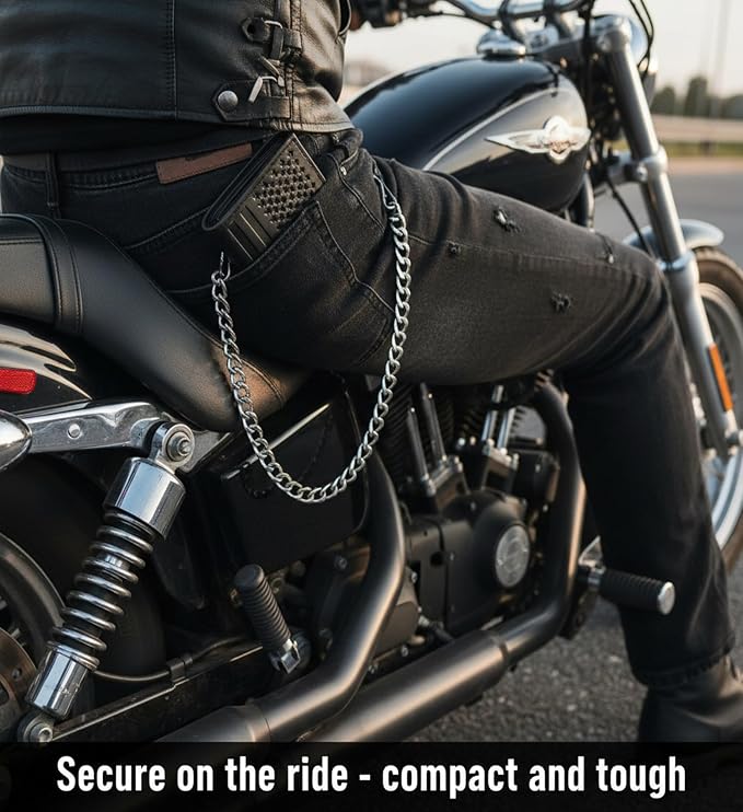 F&L CLASSIC RFID Blocking Men's Tri-fold Vintage Biker Cowhide Leather Steel Chain Wallet,Snap closure, black, flag,315-200 - Image 9