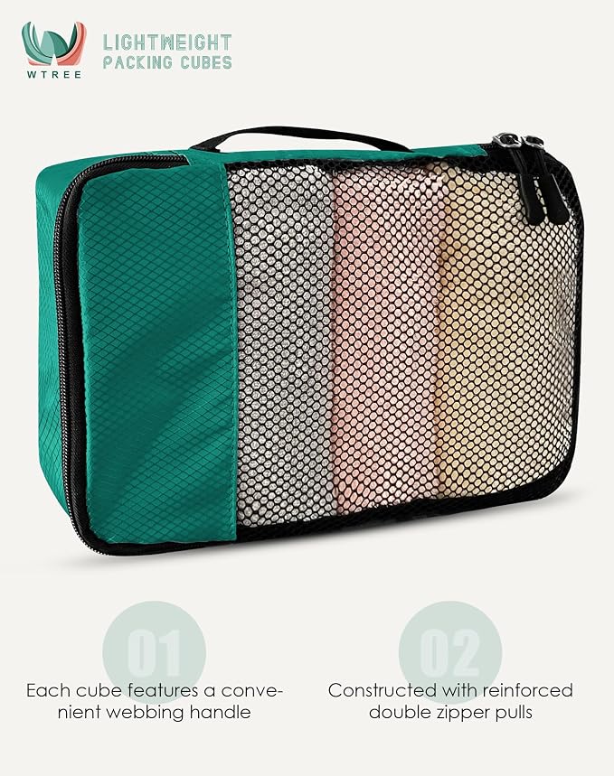 WTREE 4-Piece Packing Cubes Travel Accessories Set for Suitcases - Luggage Organizer Bags with Double Zipper - Mesh Top - Medium - Green - Image 4