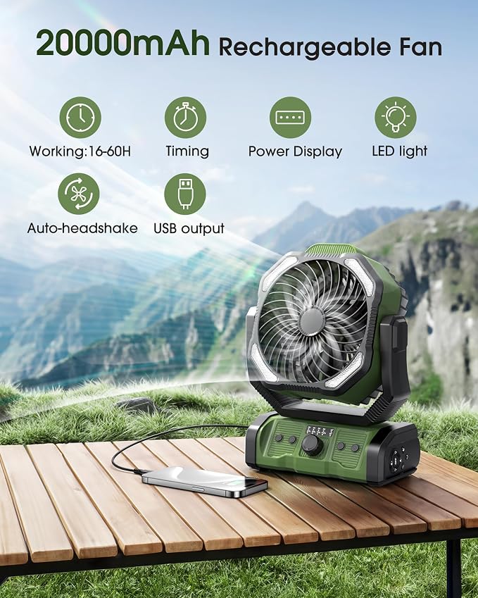 Portable Rechargeable Camping Fan 20000mAh Cordless Battery Powered Fans | with LED Lantern, Remote Auto Oscillating USB C Operated Table Ventilador for Travel Picnic Barbecue Outdoor Tent - Image 2