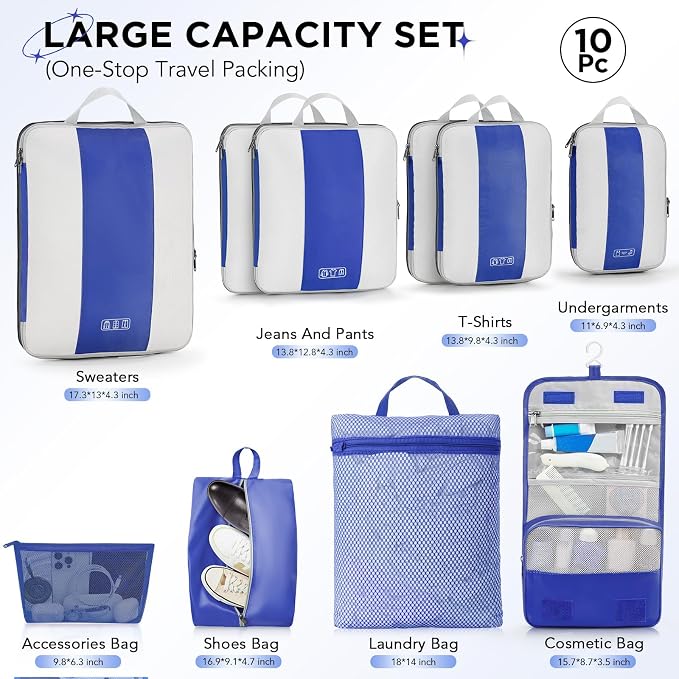 OlarHike 10 Set Compression Packing Cubes for Travel Essentials,Compressible Expandable Space Saver Bags for Organizing Clothes,Luggage Suitcase Garment Bags with Over 1000 pcs Mesh Holes(Klein Blue) - Image 2